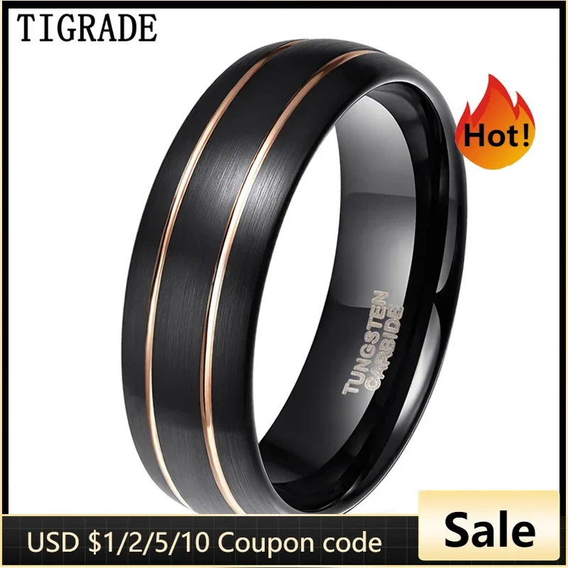 TIGRADE Tungsten Ring for Men Black With Gold Line 8mm Dome Comfort Fit Wedding Ring Jewelry Fashion Mens Quality Ring anel masc