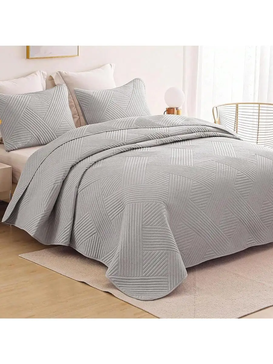 

King Quilt Set With Embossed Geometric Pattern Reversible Coverlet 2 Pillow Shams Soft All Season Bedding Grey
