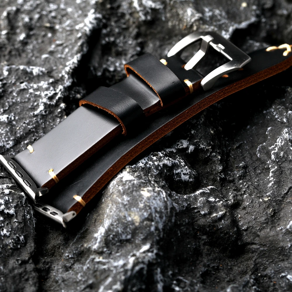 Handmade Black Genuine Leather Watchband For Iwatch Apple Watch Ultra 2 S9 S8 49mm 45mm Tough Guy Leather Thickened