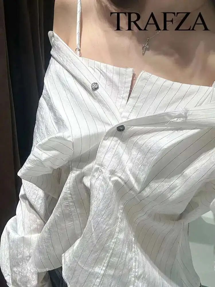 

Babyoung, весенний шикарный v-образный вырез, длинный рукав, элегантный полосатый атласный укороченный топ, женская искусственная повседневная рубашка из двух предметов