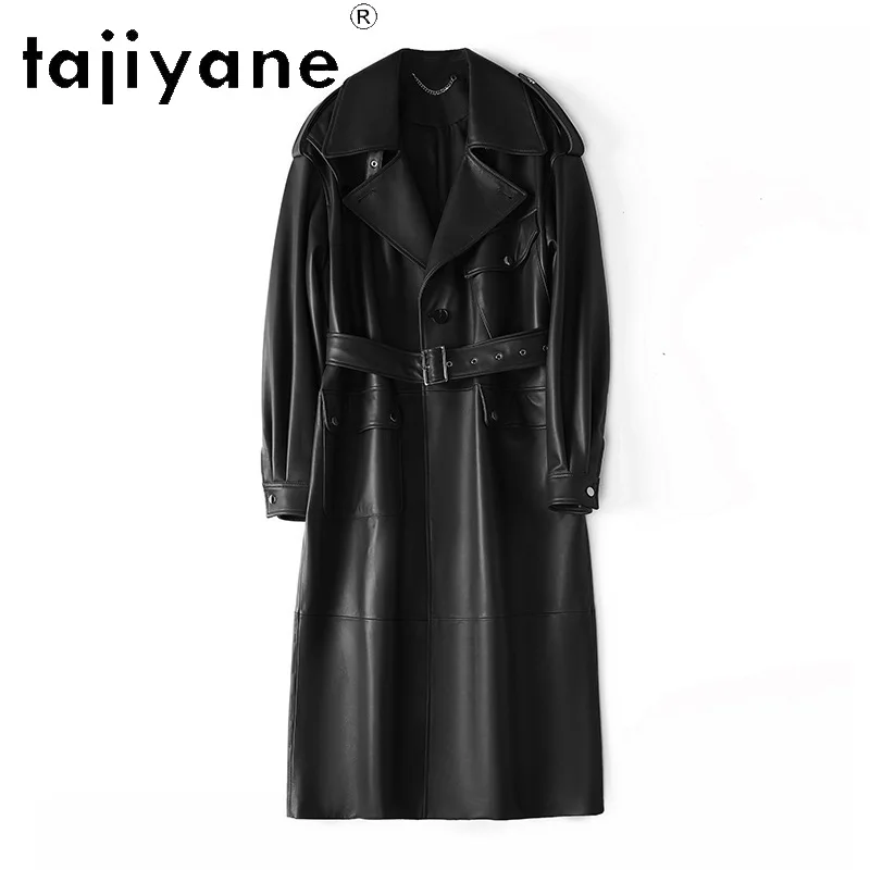 TAJIYANE Sheepskin Autumn Winter Trench Coat Genuine Leather Jacket Women Oversized Motorcycle Jackets New Long Outerwear 120cm