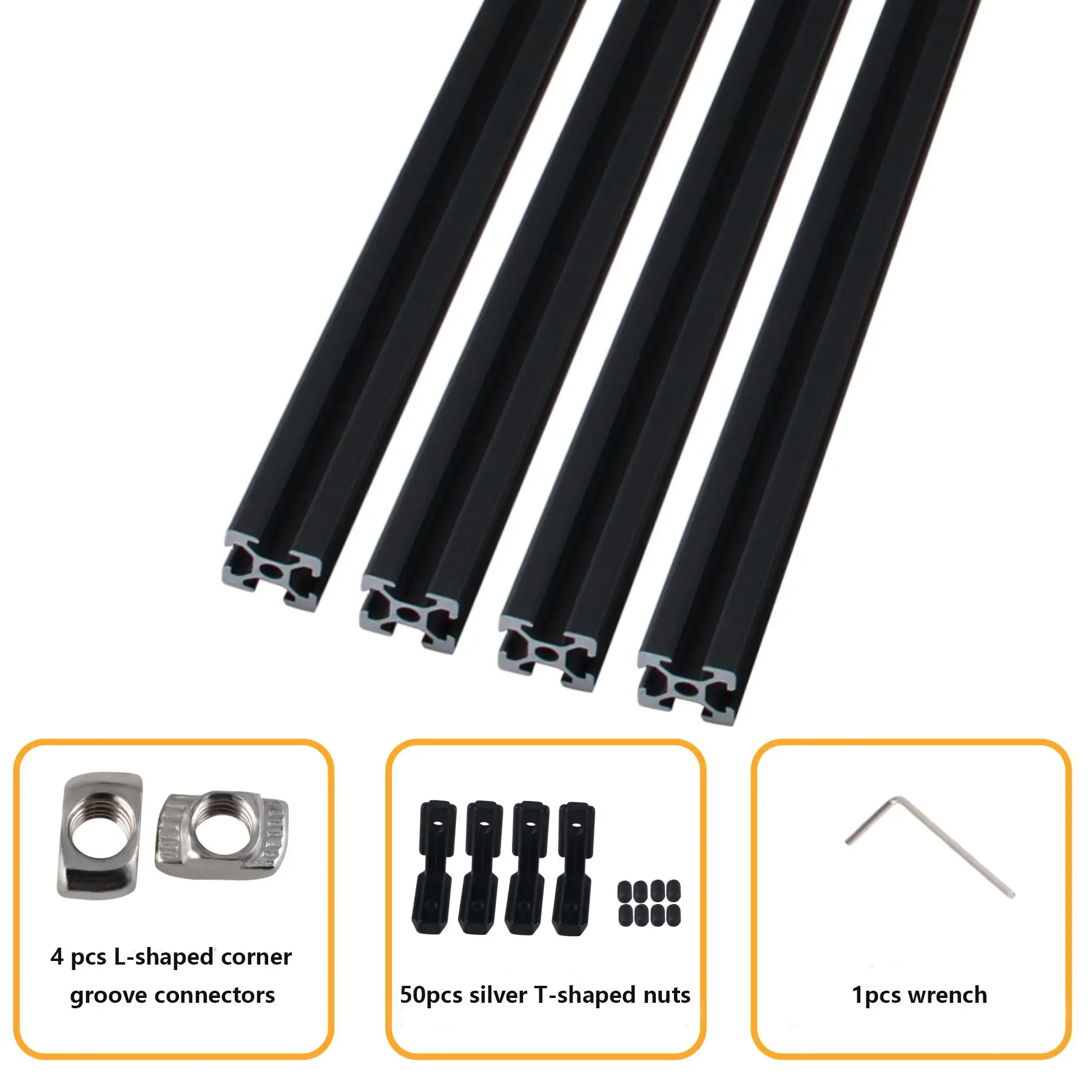 4pc 2020 Aluminum Profile T/V-Slot Black EU Standard 200-2000mm With corner groove connectors and T nuts For CNC 3D Printer DIY