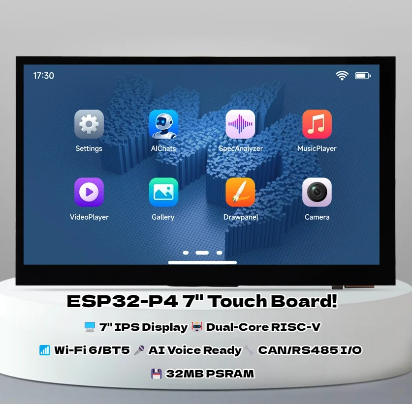 ESP32-P4-WiFi6 7-inch Touch Display Board - Dual-Core RISC-V, 32MB PSRAM, AI Voice, CAN/RS485, Wi-Fi 6/BT5, for HMI & Edge AI Pr