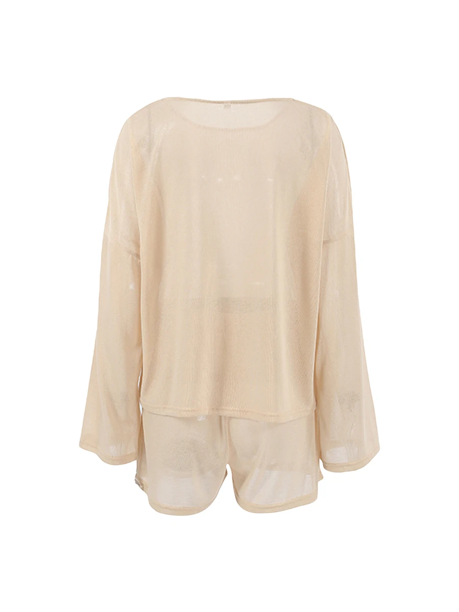 

Женский пижамный комплект из двух предметов с круглым вырезом, топ с длинными рукавами и шорты, однотонная домашняя одежда, костюм для одежды для сна