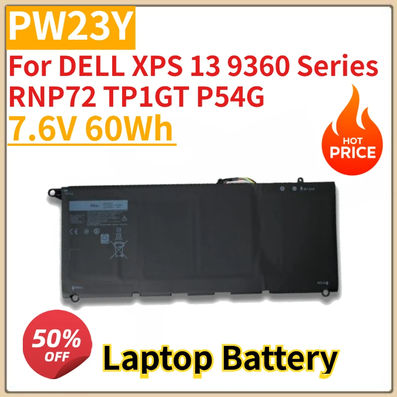 

Высокое качество 7,6 В 60 Втч аккумулятор для ноутбука PW23Y для DELL XPS 13 9360 серии RNP72 TP1GT P54G