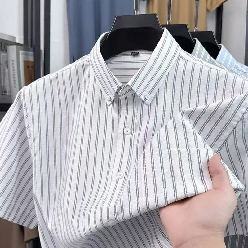 5XL Mens Oxford Shirts Short Sleeve New Design High Quality Stripe 100% Cotton Regular Fit Business Button Down Man Dress Shirt