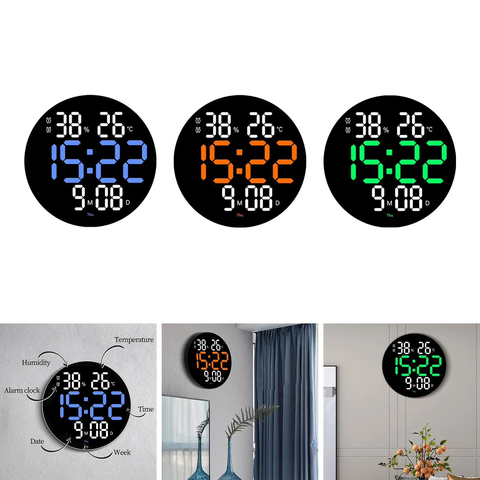 Digital Clock LED Large Screen Round Wall Clock Multifunctional Electronic Calendar for Home Office Decor