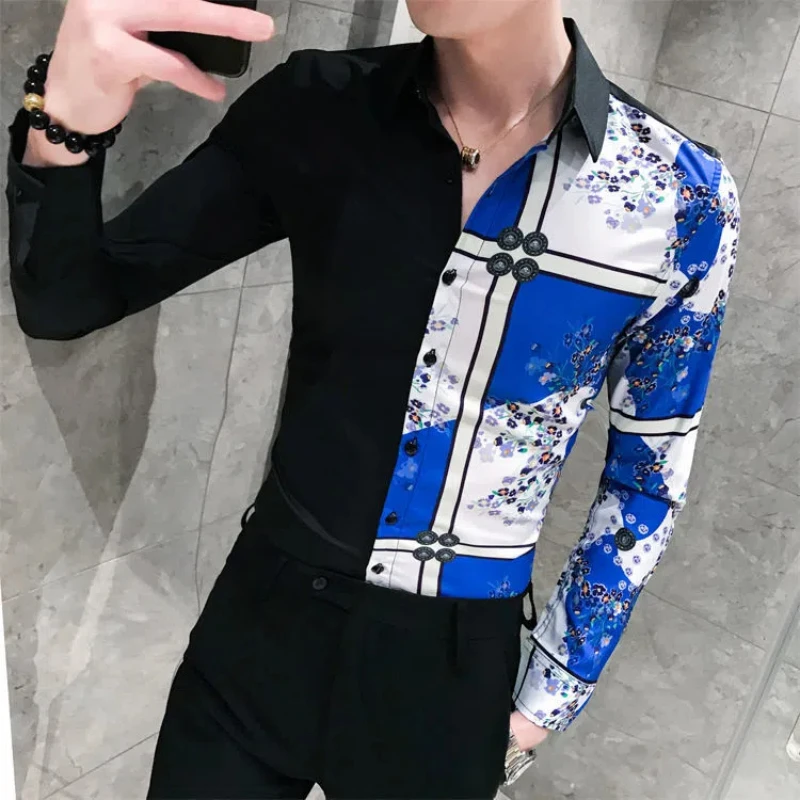 Korean 2024 Boyfriend Autumn New Patchwork Square Collar Button Printing Fashion Slim Minimalist Casual Long Sleeve Shirts