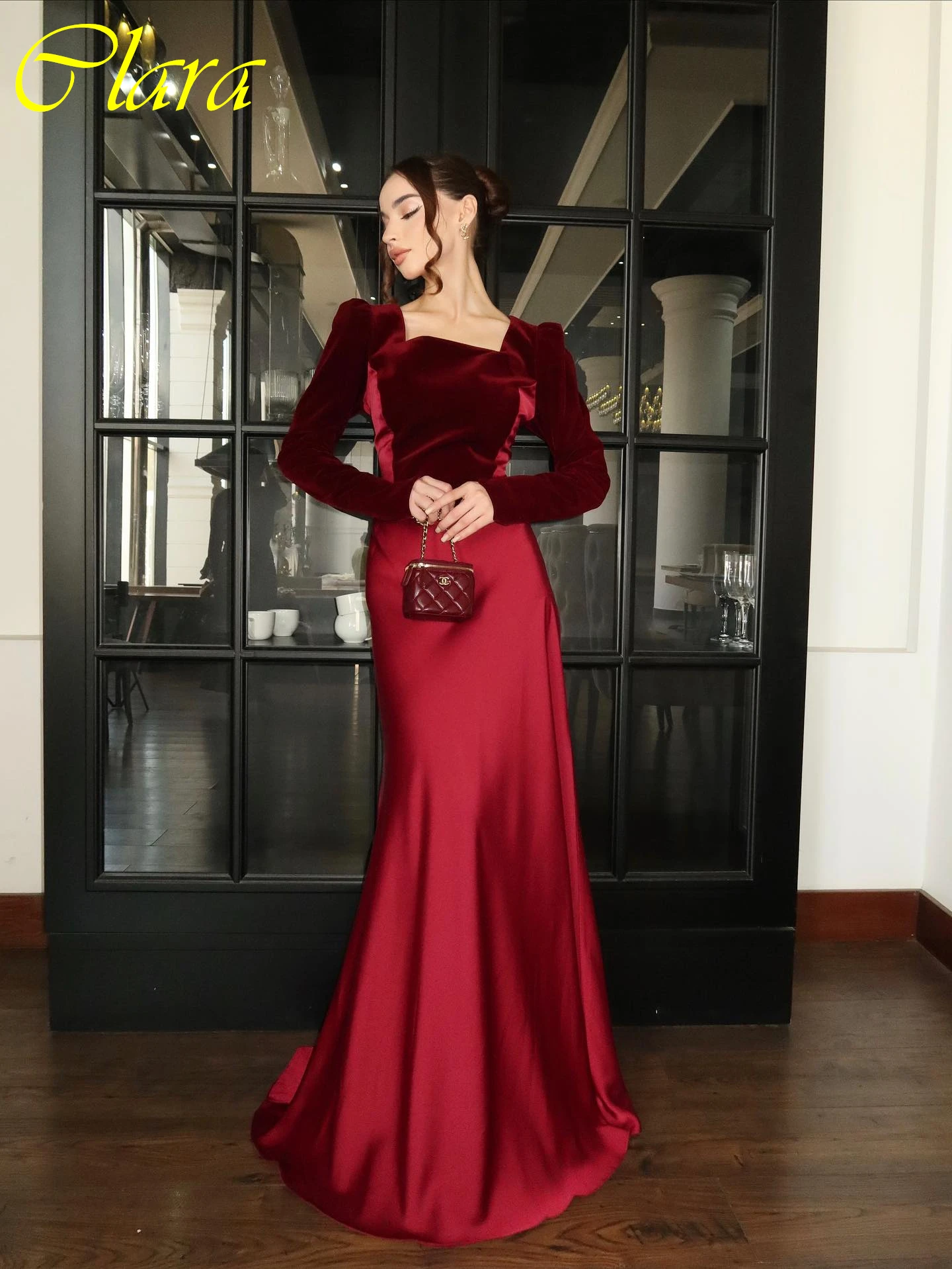 

Customized Mermaid Square Collar Long Sleeves Classic Evening Dress Delicate High Quality Celebrity Gowns Fashion Prom Dress