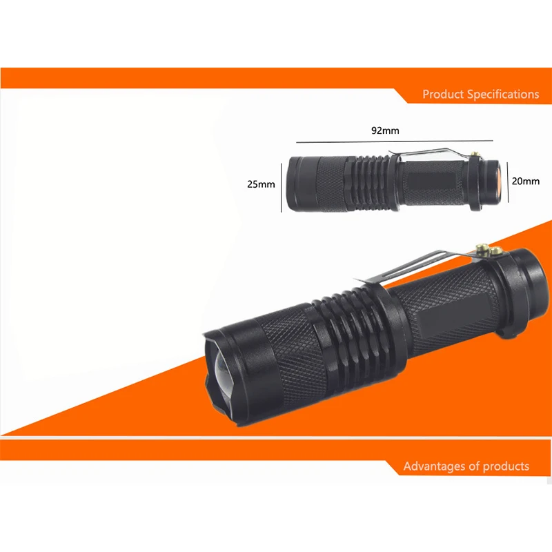 Mini Zoomable lanterna led, pequena tocha, escurecimento, portátil, impermeável, lâmpada, dual-purpose, fonte de alimentação, 3 modos, caneta luz, SK68