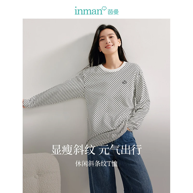 INMAN  long sleeve striped T-shirt Casual 2024 Autumn Female clothing embroidered round neck loose striped bottom top