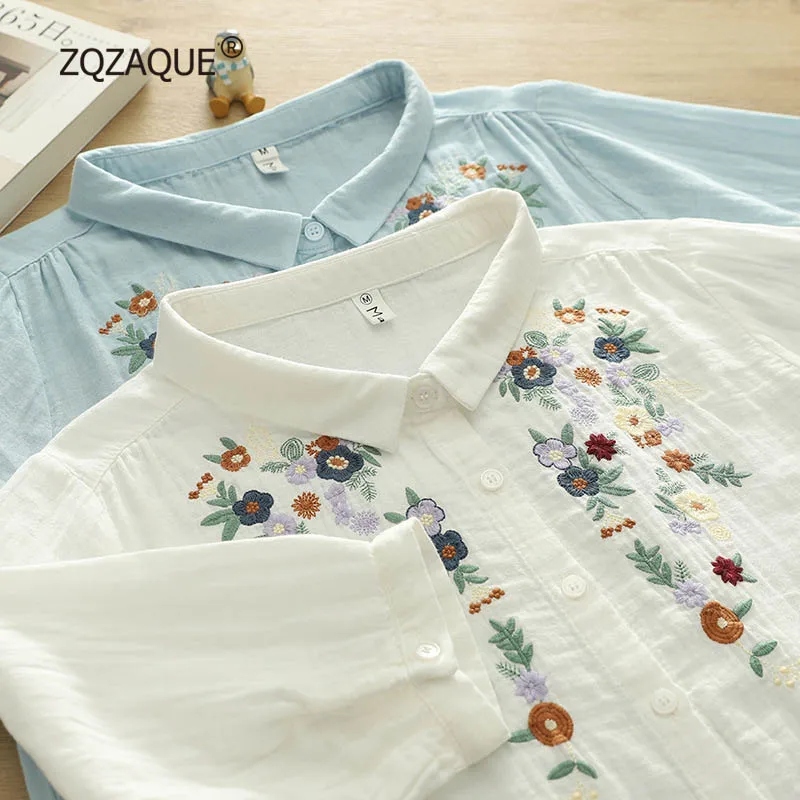 

Summer Cotton Shirt for Women Casual Loose Style Half Sleeve Female's Tops Embroidery Florals Breathable Shirts S143