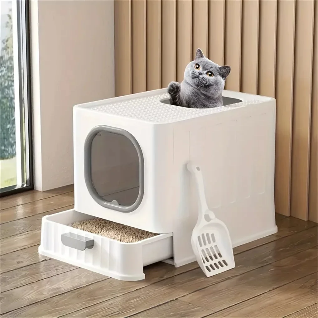 Leak-proof Enclosed Cat Litter Box Pull Drawer Kitten Training Toilet with Scoop and Lid Anti-Splashing Open litter box Cat toys