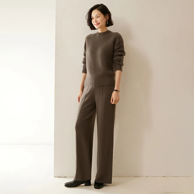 New Autumn Winter Women\'s 100% Cashmere Wide Leg Pants Simple Line Style Knittd Trousers Elasticated Waist Pants