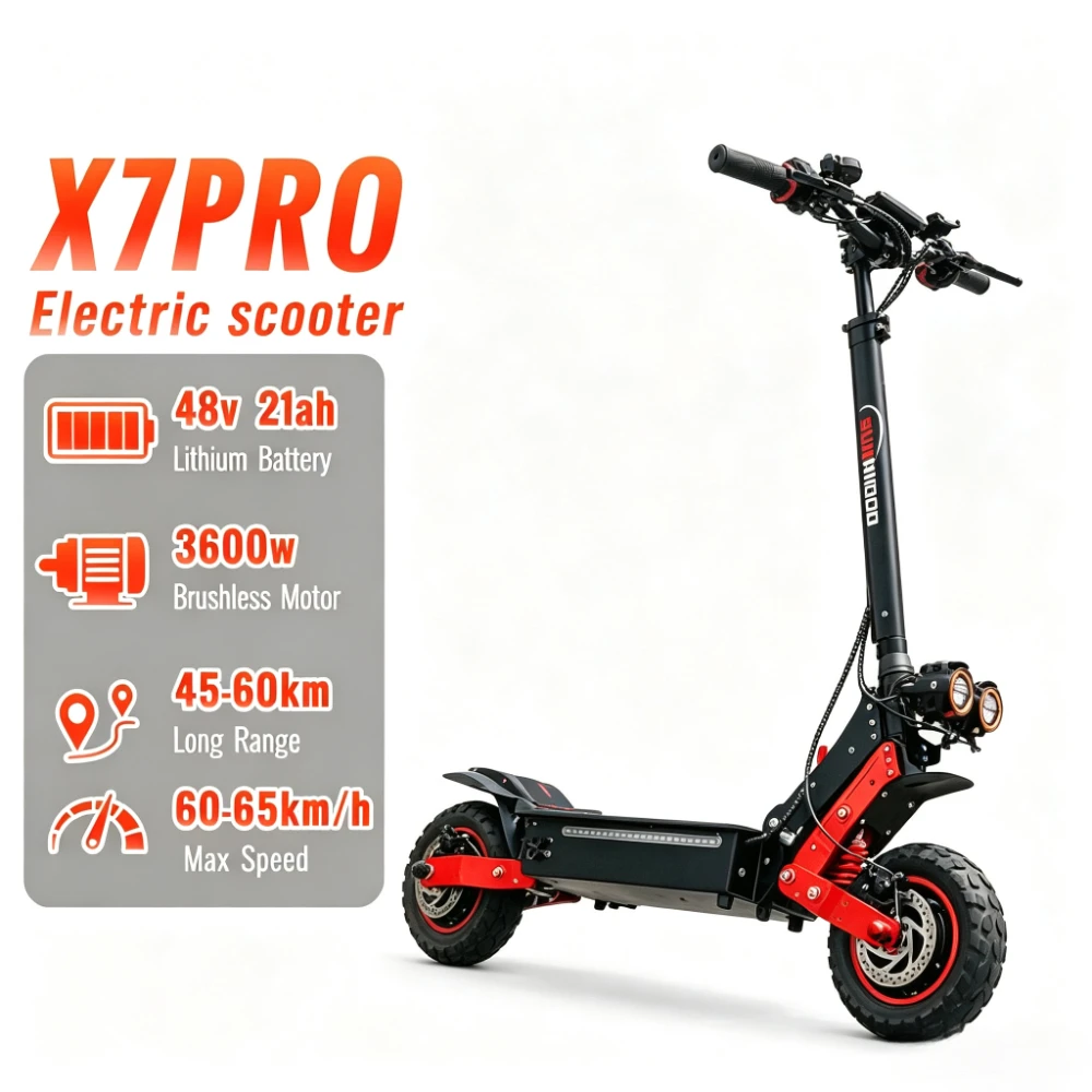 SUNNIGOO 3600W X7/X7PRO Elektroroller Doppelmotor 48V 65km/h für Erwachsene 11 Zoll Offroad Faltbarer E-Scooter Großes Zentraldisplay NFC-Entsperrung Verstellbarer Lenker Voll-LED-Beleuchtung Doppelte