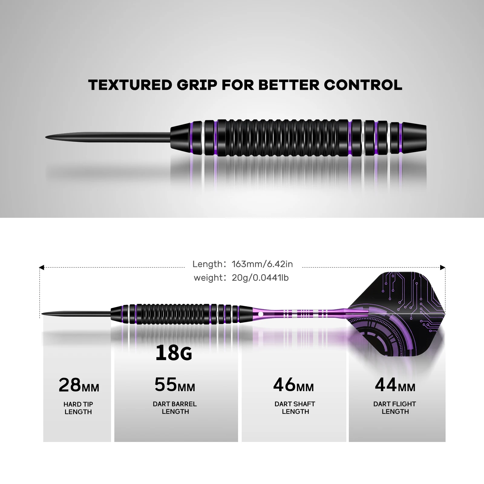 20g Iron Hard Tip Darts Set, Anti-Slip Grip, Black Purple Flights, Spare Shafts & Flights with Case, for Training & Parties