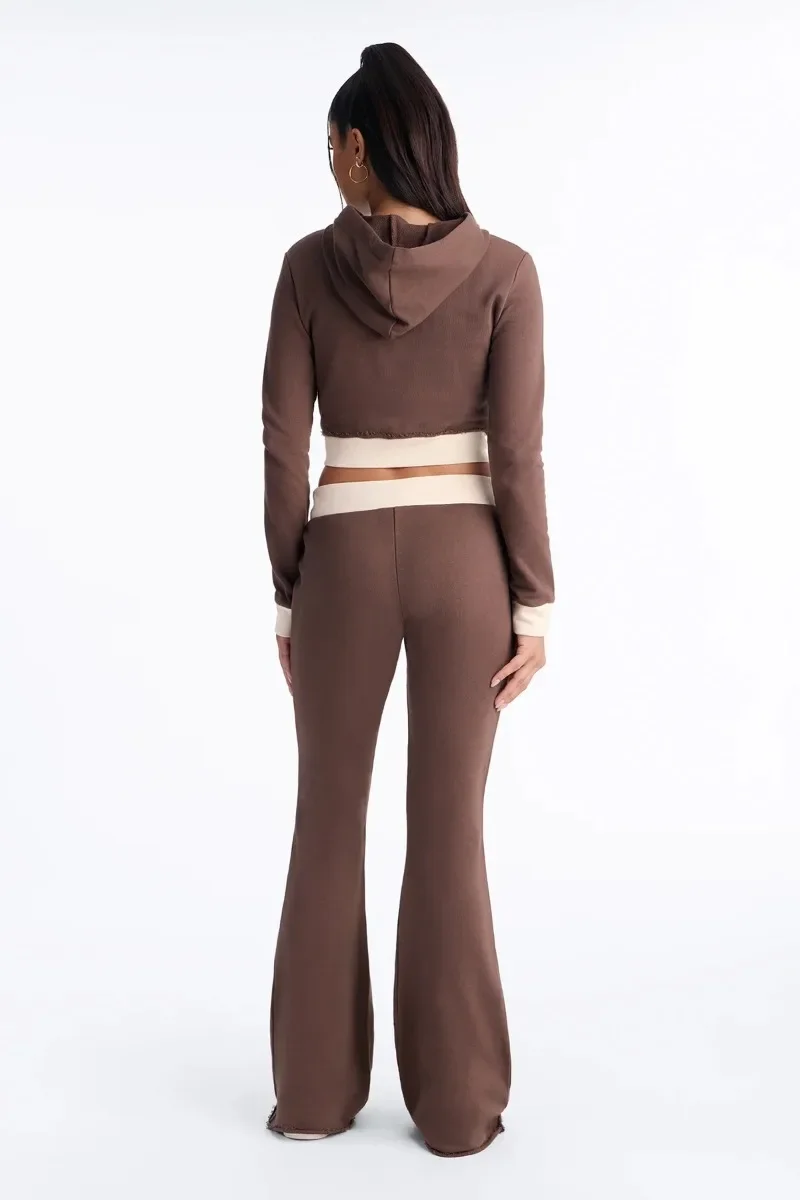 Women Tracksuits Casual 2 Piece Set Color Patchwork Zipper Full Sleeve Hooded Sweatshirts Crop Tops + Flare Pants Casual Suits