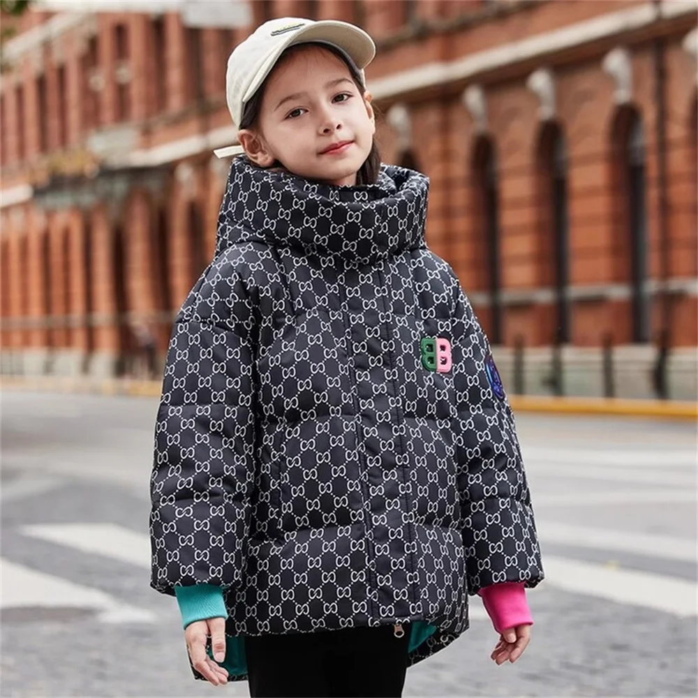 Winter Children\'s Down Jacket Thickened Hooded Girls\' Outdoor Cotton Jacket Thousand Bird Grid Cotton Coat