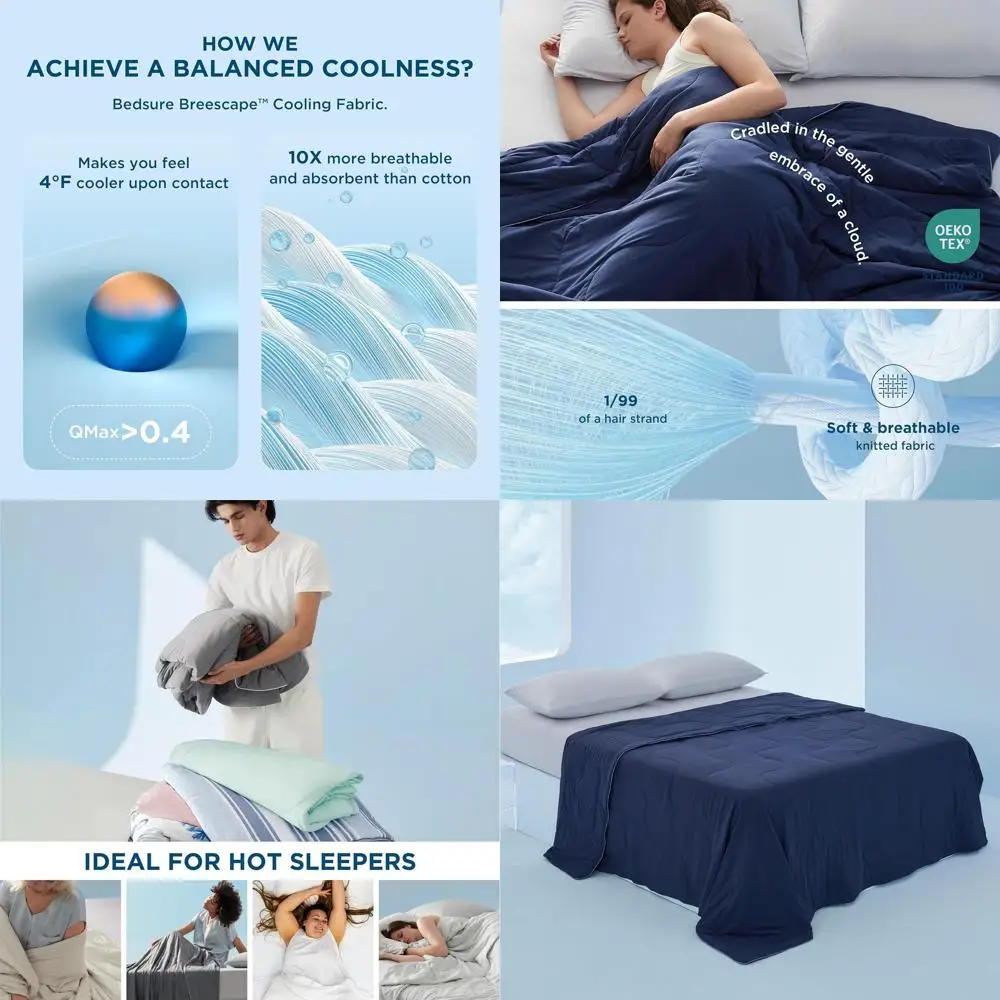 

Охлаждающее одеяло Queen Size для тех, кто потеет во сне - дышащее, легкое, темно-синее, 90x90 дюймов