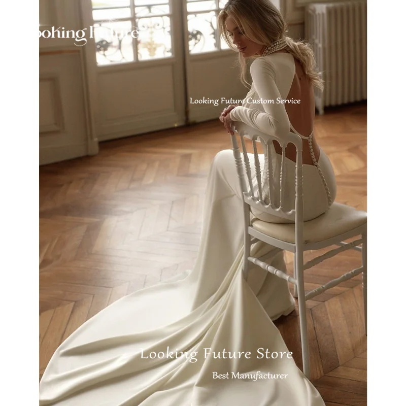 Customized Modern Sexy Mermaid Ivory  Satin Wedding Dress Simple Illusion Open Back Button Pleated Long Sleeve Strapless Bridals