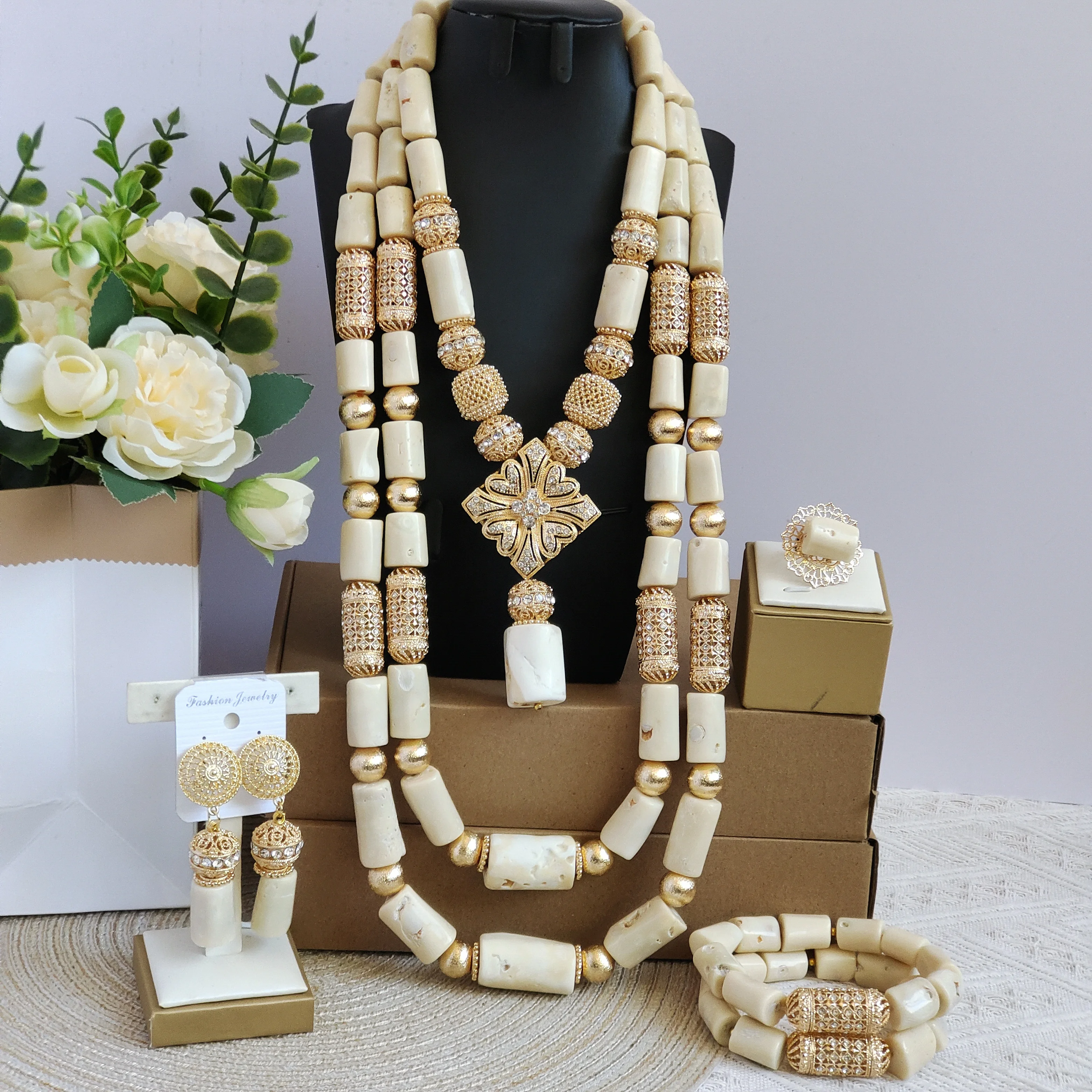 Laanc nigerian bride wedding jewelry real white coral beads set necklace bracelet earring ring