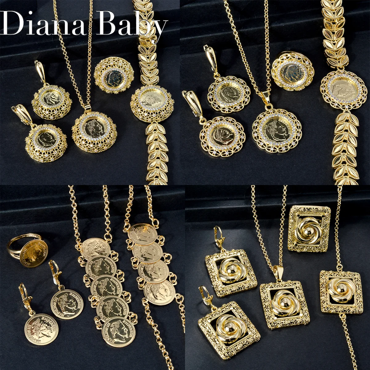 

Diana Fashion jewelry Dubai Bohemia 14k Gold Plated bracelet ring necklace earring Wedding Bride jewelry Sets For Women