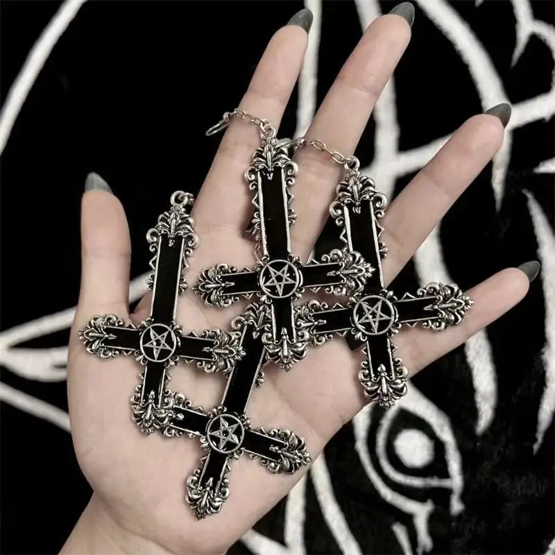 Death Cross Earrings, Pagan Pentagram, Carved cross, Vintage, Witch, Lady jewelry, inverted cross, Witch, Gothic ear hook，Trendy