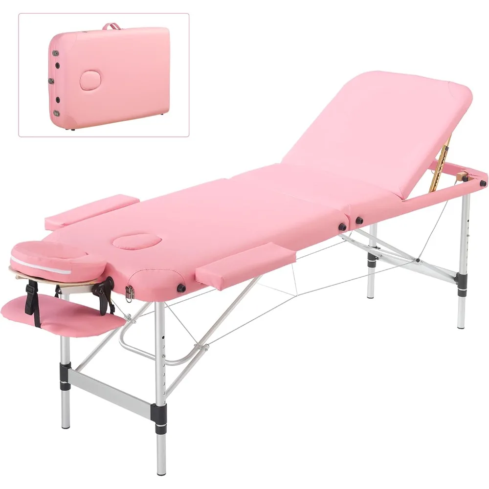 PrimeZone Pink Massage Table Portable - 3 Folding Aluminum Lash Bed with Carrying Case  Capsule Bed