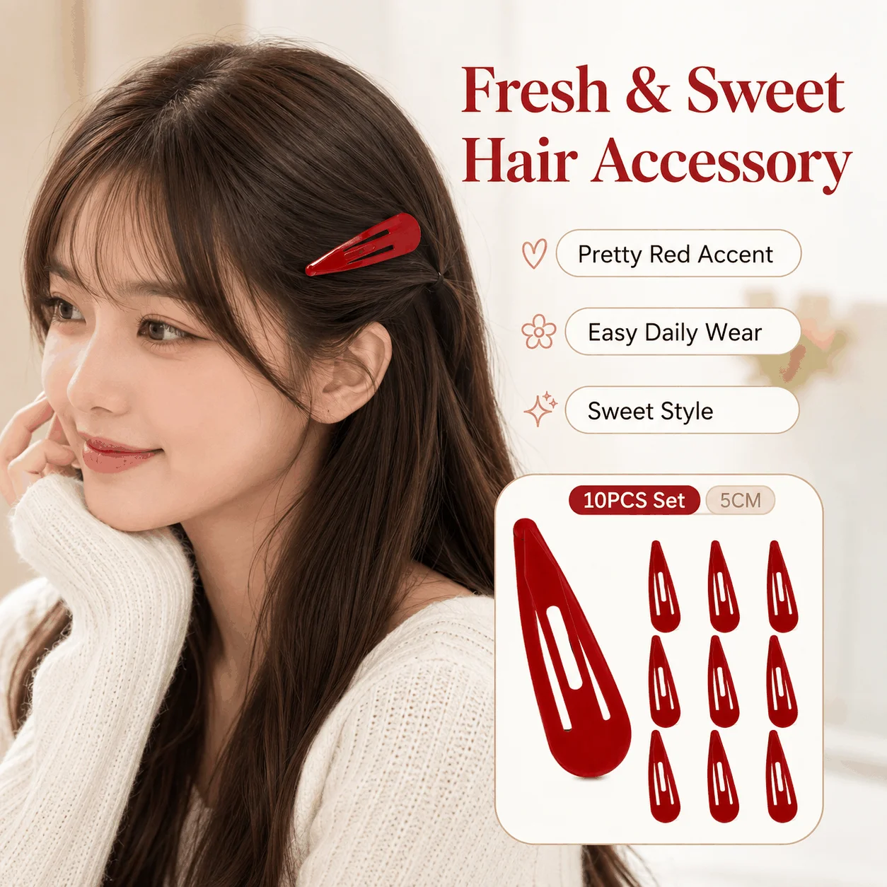 10Pcs Solid Red Water Drop BB Hair Clips Matte Enamel Metal Snap Barrettes Simple Basic Side Bangs Hair Pins Women Daily Hair Accessories