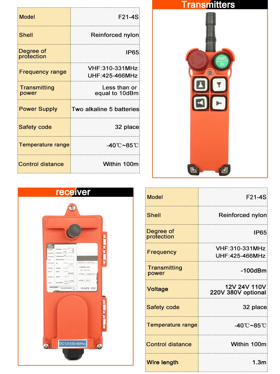 F21-4S 110V 12V 24V 220V 380V Industrial Wireless Radio remote controller crane switch pressure reset radio control crane switch