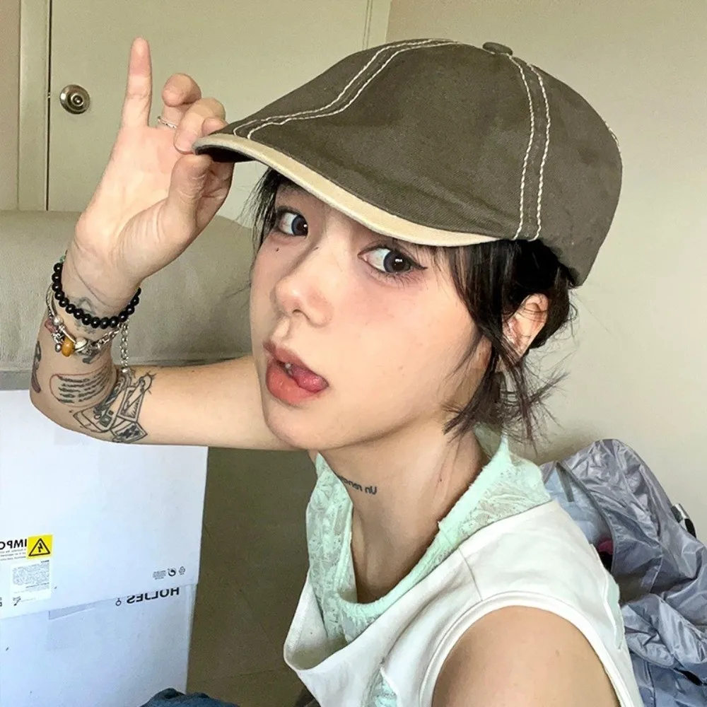 

Personality Vintage Newsboy Flat Cap Y2k Japanese Style Retro Artist Hat Color Contrast Patchwork Painter Hat Spring Summer
