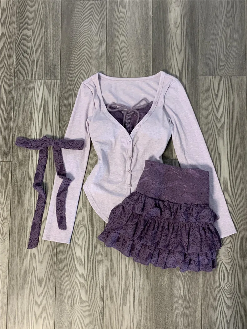 

Spring Purple Sexy Elegant 2 Piece Sets Women Y2k Lace Design Fake 2 Piece Tops +High Waist Retro Skirt Female Slim Chic Outfits