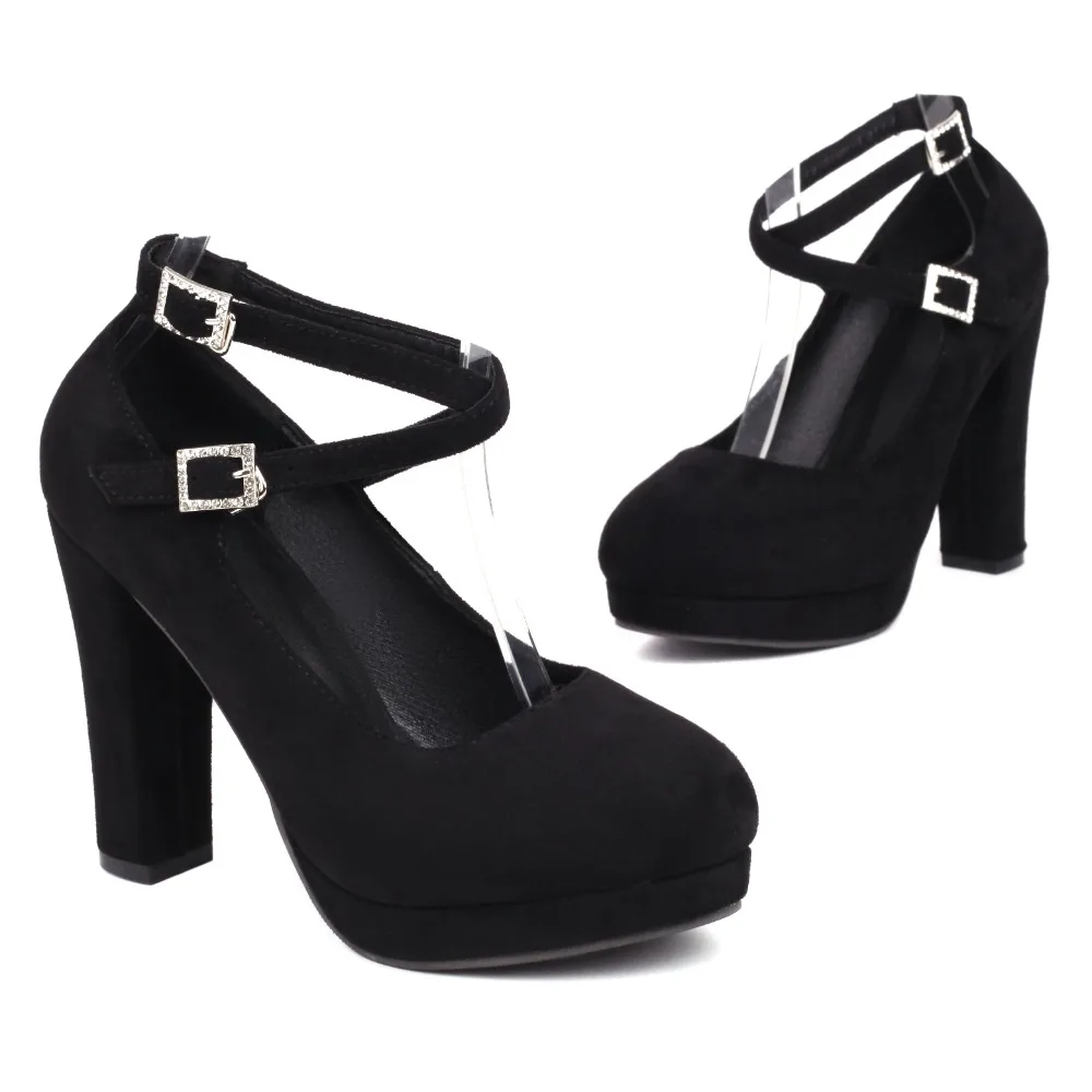 Women Platform Block Heels Ankle Strap Chunky Block Pumps Round Toe Party Shoes Plus Size 43 Suede Wedding Prom Footwear 6002