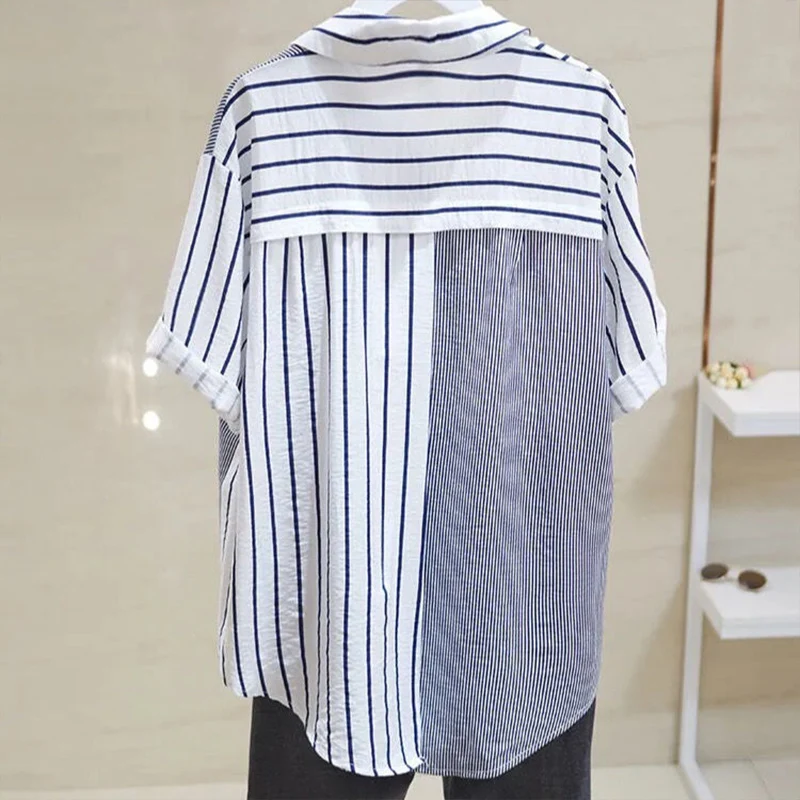 Oversized Casual Fashion Short Sleeved Striped Shirt for Women\'s Summer New Korean Version Loose Slimming Contrasting Colors Top