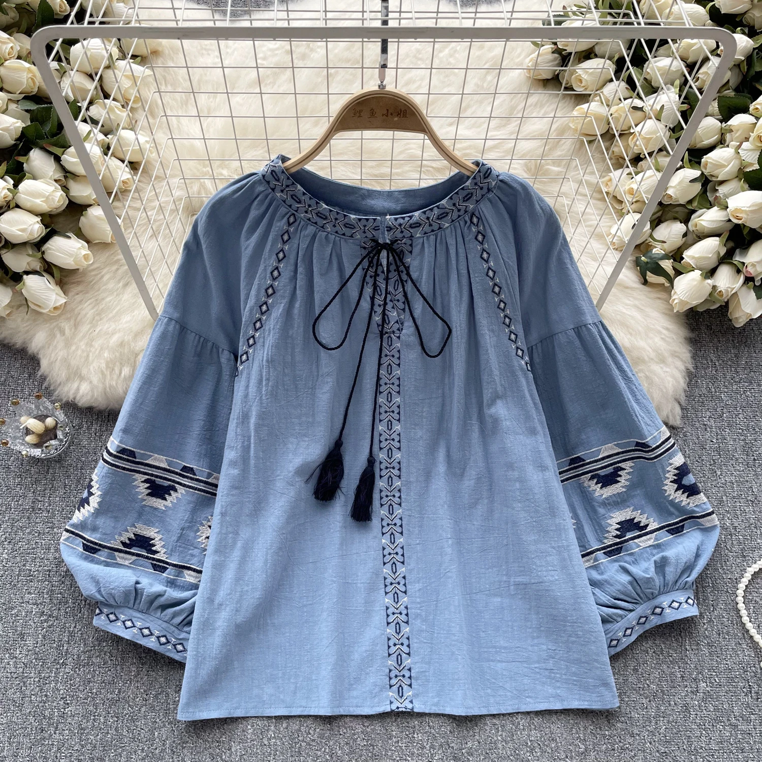 Vintage Elegant Embroidery Long Sleeve Blouse Fashion O-neck  Shirt  Casual Chic Top Fairy  Summer Women