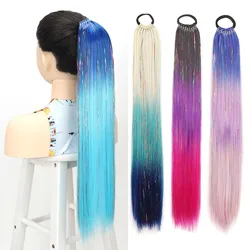 Synthetic Ponytail Colored Glitter Tinsel Hair Extensions with Rubber Bands Rainbow Ponytails Colorful Hair for Girls Kids