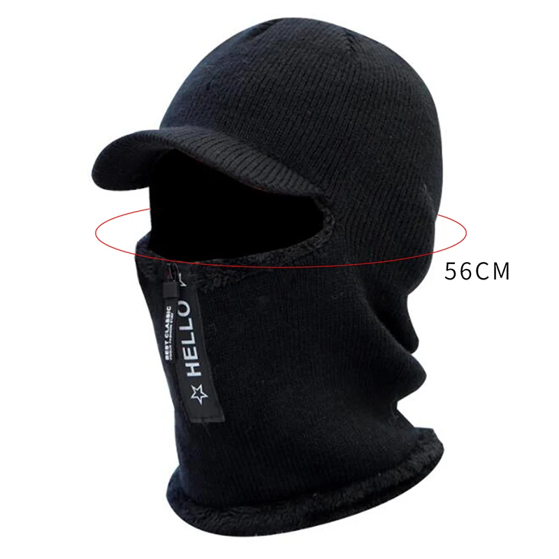 Men Knitted Woolen Hats Winter Zipper Thickened Plush One Piece Hat Collar Set Cap Outdoor Cycling Neck Protection For Male