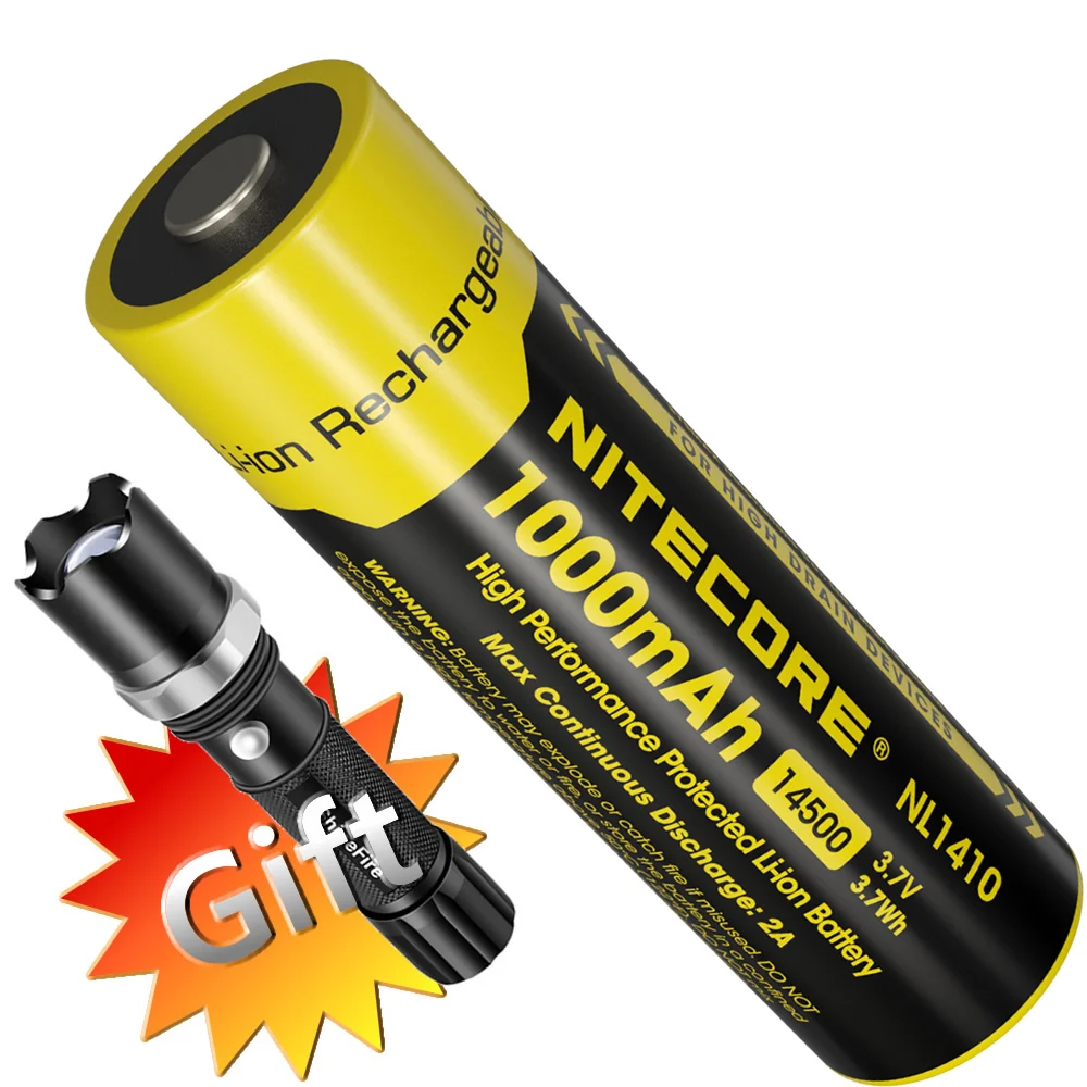 NITECORE NL1410 1000mAh 3.7V 3.7Wh Protected Lithium Rechargeable 14500 Li-on Battery Max 2A 500 Times Charge-discharge Cycles