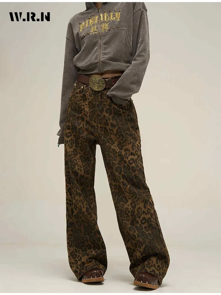 Damen American Vintage Leopardenmuster, gewaschene, dünne Jeans, Straße, lässig, neutraler Stil, DenimTrousers, hohe Taille, gerade Hose
