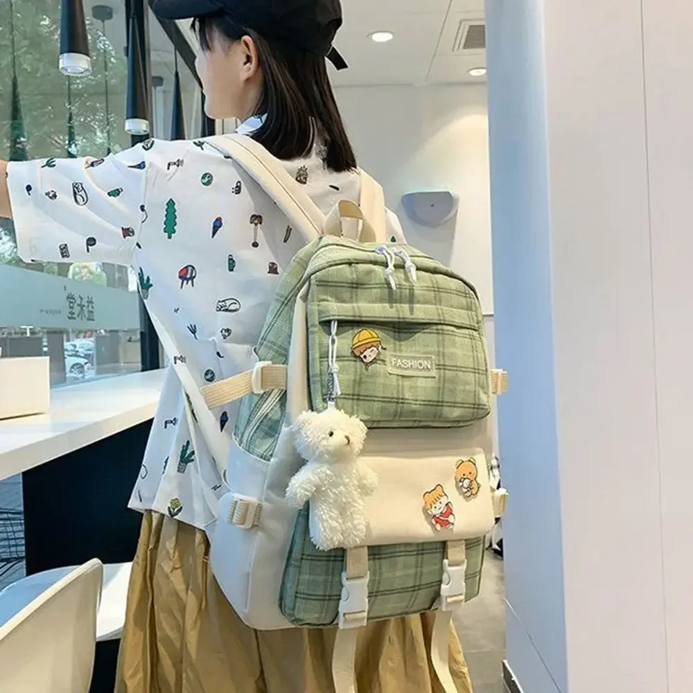 5Pcs/Set Casual Large Capacity Cute Plaid Backpack Korean Style Y2K Cartoon Shoulder Bag Simple Commute Student School Bag Kids