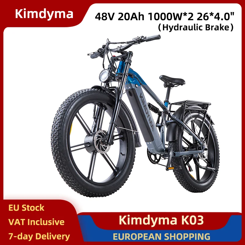 Vélo électrique Kimdyma K03 1000W*2 double moteur 48V 20Ah pneus larges 26*4.0'' écran couleur frein hydraulique 7 vitesses 50km/h