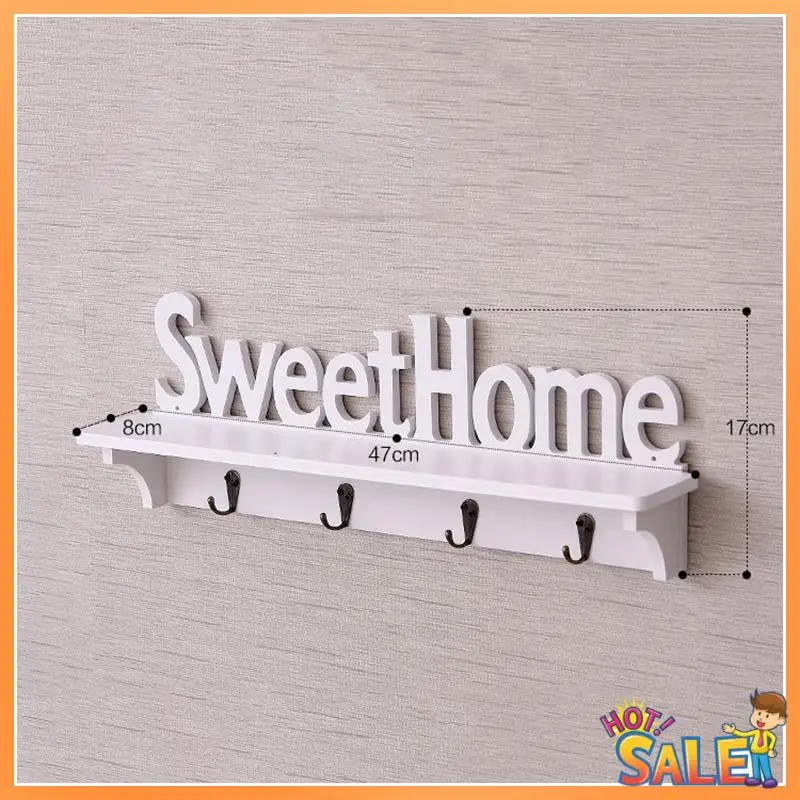

AB68 1Pc 4 Hooks Shelves Hat Key Holders Sweet Home Words Storage Shelf Hanging Hooks Wall Mounted Rack Home Storage Holder