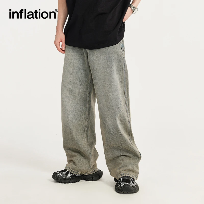 INFLATION-Jean Délavé à Coutures Irrégulières pour Homme, Pantalon en Denim à Jambes Larges, Streetwear Respiré