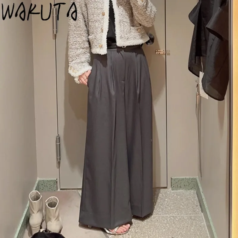 

Wakuta Japanese Fashion Elegant Loose Trousers High Waist All-match Casual Wid Leg Pants with Sashes Ruched Solid Sweatpants