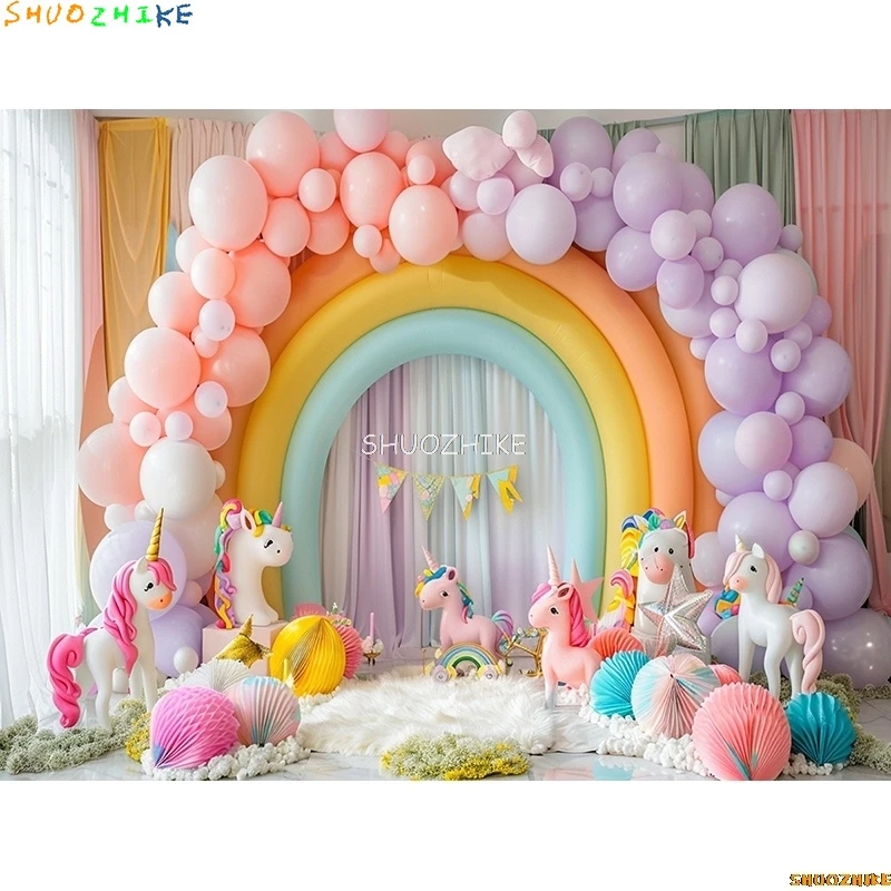 بالونات قوس قزح وخلفيات تصوير يونيكورن ، إكسسوارات للأطفال ، حفلات أعياد ميلاد لحديثي الولادة ، ديكورات خلفية ، من من من من من من من من من من من الخارج