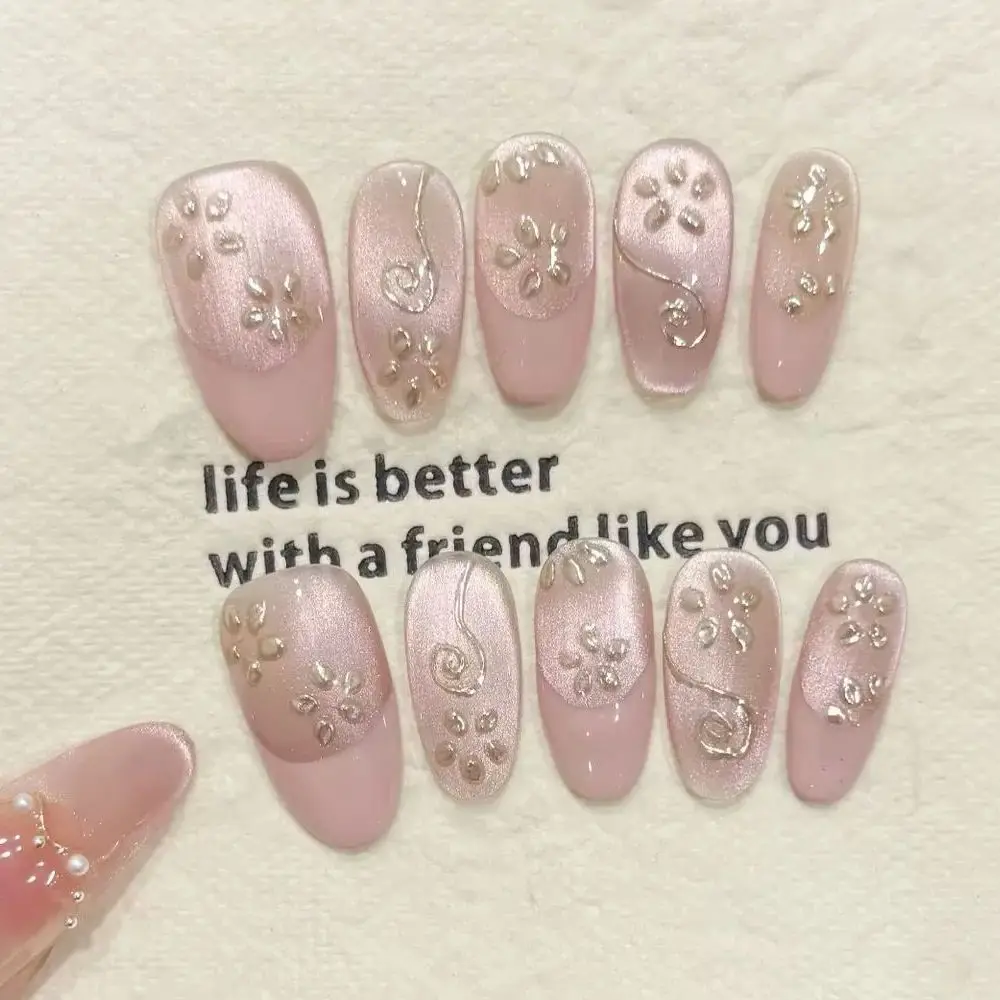 

10Pcs Pink Cat Eye Glitter Designs Press on Fake Nails with Golden Stripes Flowers Cute Handmade Beauty Fashion False Nail Tips