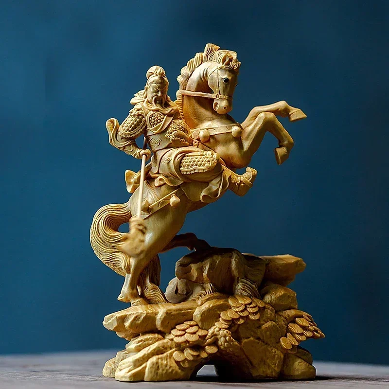 14CM Feng Shui Guangong Boxwood The Three Kingdoms Figure Statue Sculpture Guanyu Riding Horse Home Decor