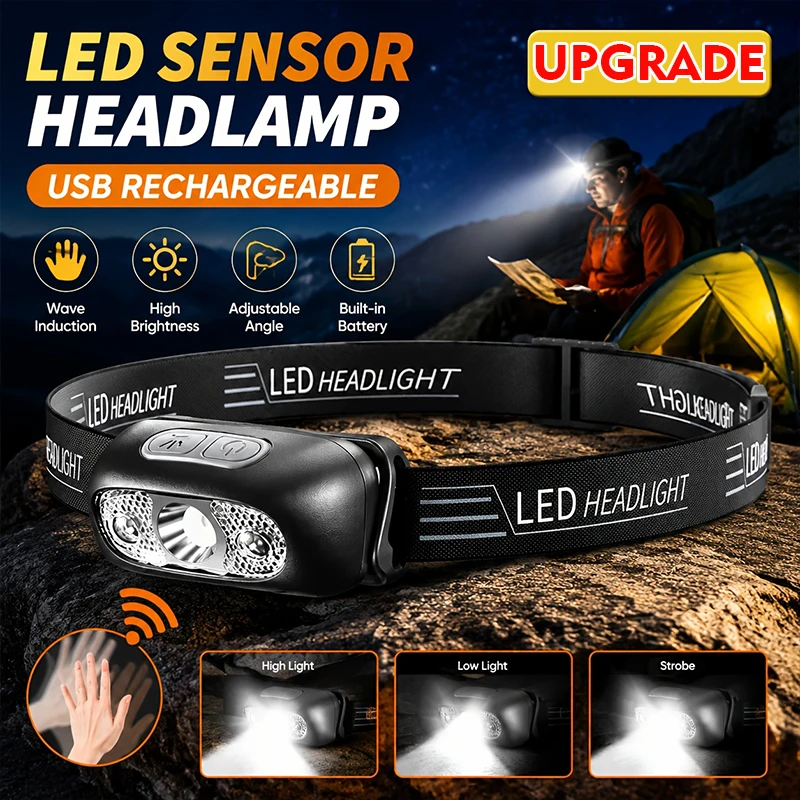 Rechargeable LED Headlamp,3 Modes & Adjustable Angle Head Torch,ABS Lightweight Camping Work Light for Fishing Hiking Outdoor
