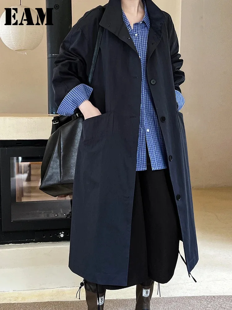 [EAM] Women Navy Blue Big Size Long Trench New Stand Collar Long Sleeve Windbreaker Fashion Tide Spring Autumn 2024 1DH7207