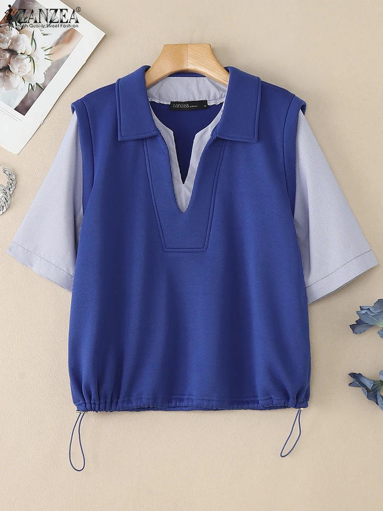 

ZANZEA Fake Two-Piece Striped Blusas Mujer Women Turn-Down Collar Terry Patchwork Summer Blouses Short Sleeve Streetwear Tops